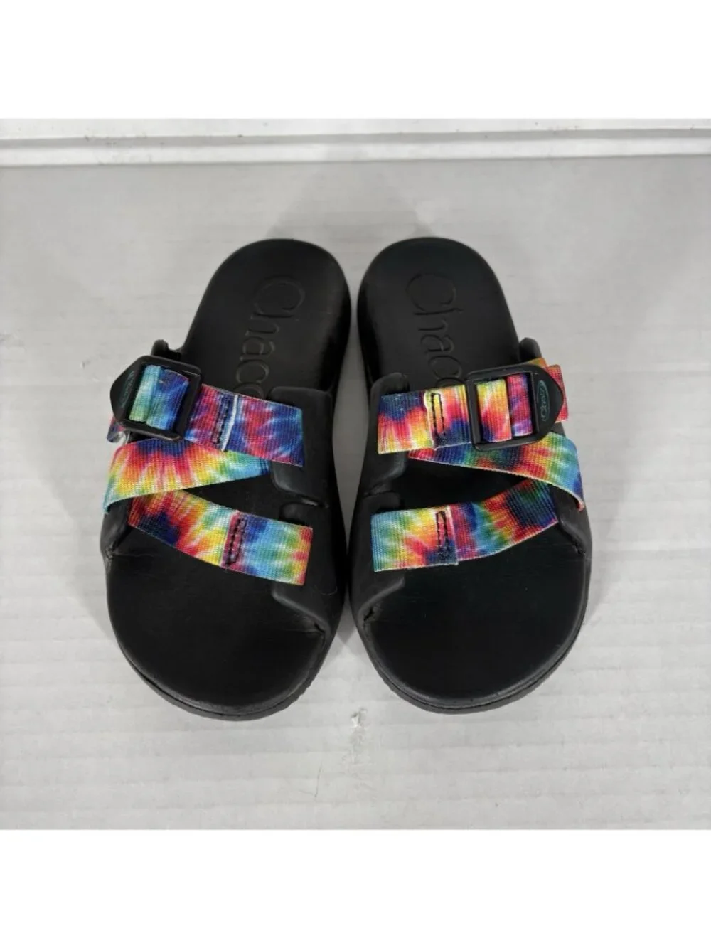 Chaco Youth Kid Size 1 Rainbow Dark Tie Dye Chillos Slip On Sport Slide Sandals